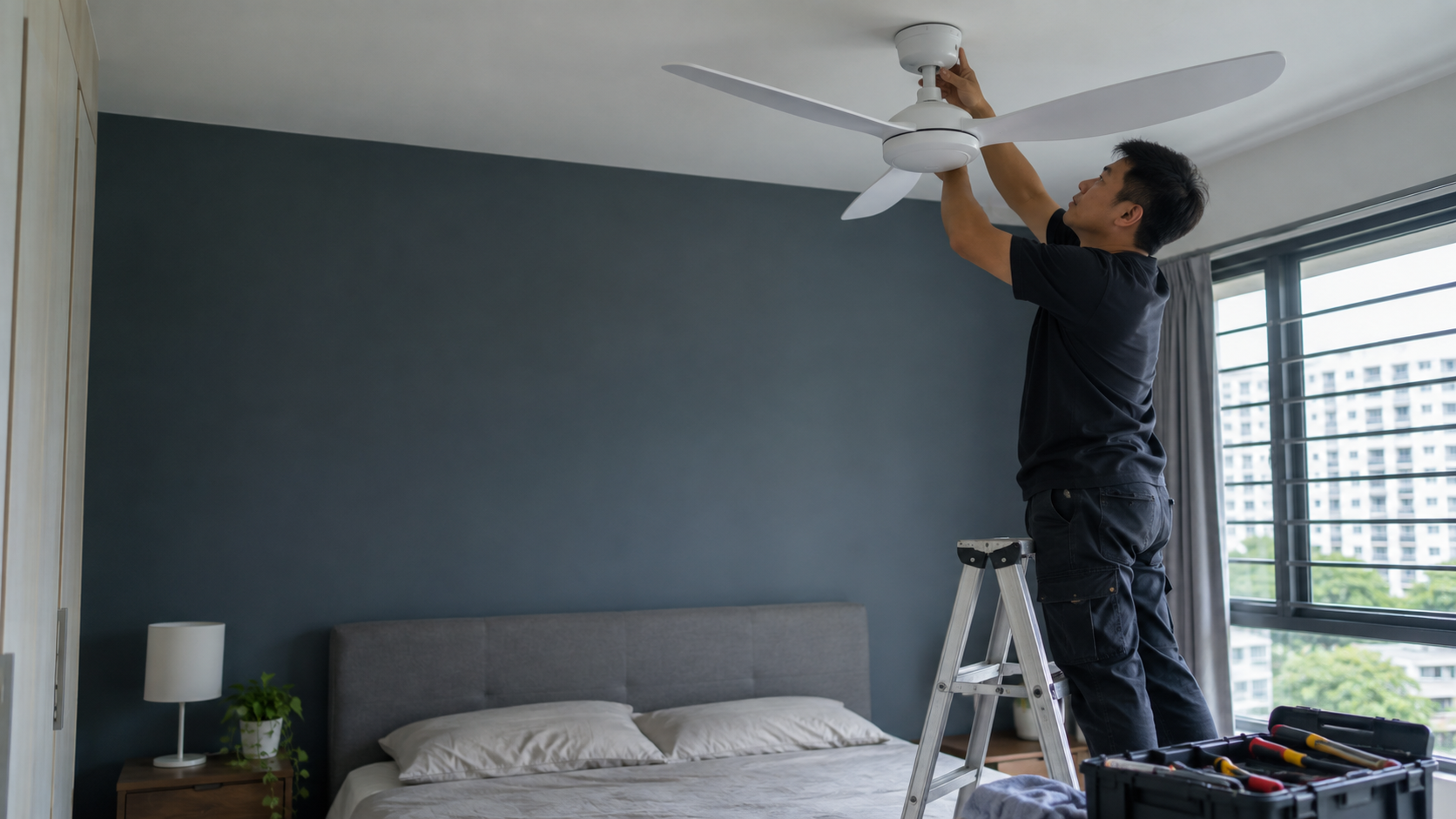 Electrician fitting a ceiling fan in a Singapore apartment bedroom
