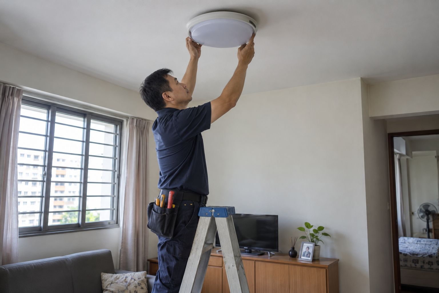 Electrician fitting a ceiling light in a Singapore HDB flat
