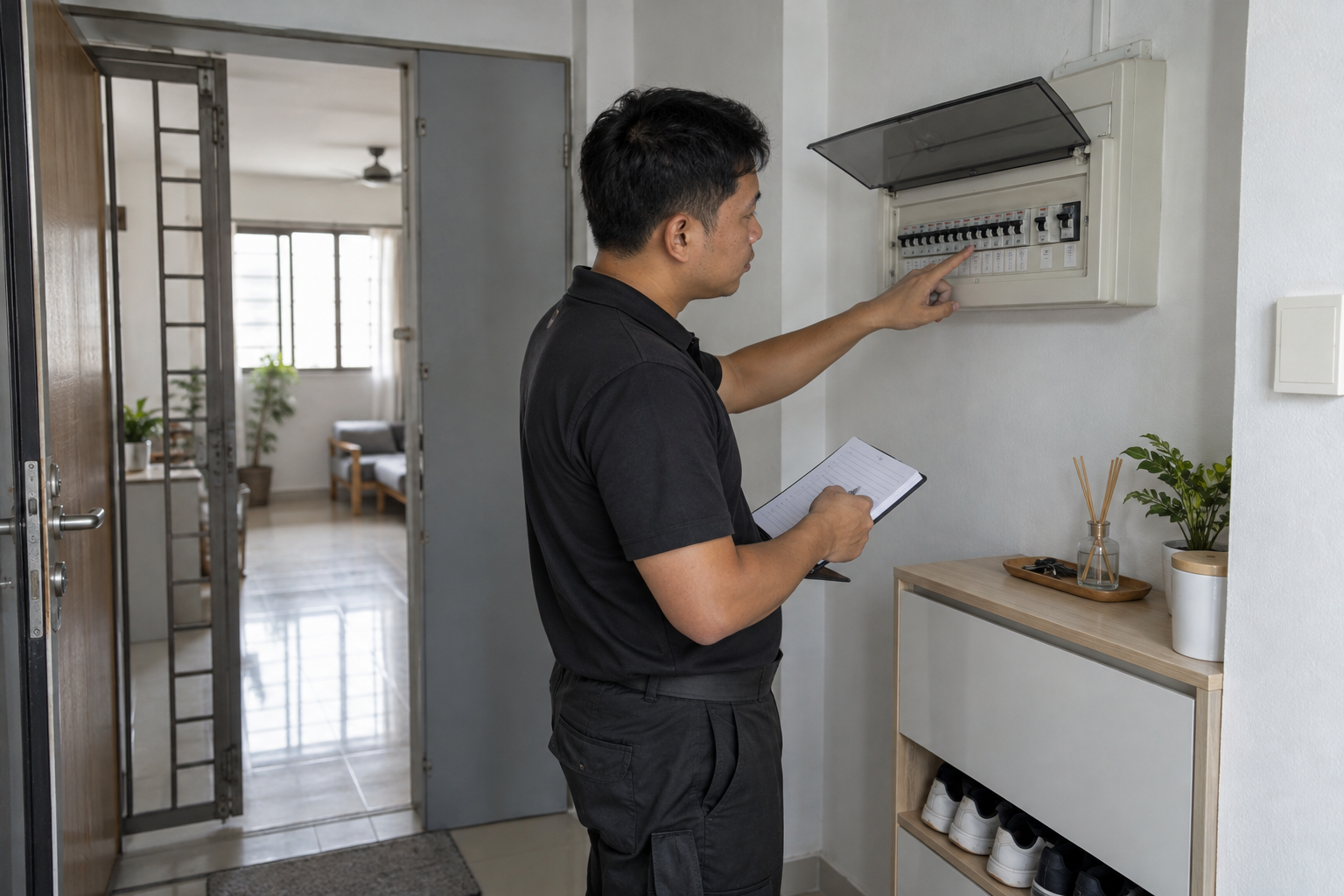 Electrician assessing the distribution board near an HDB flat entrance