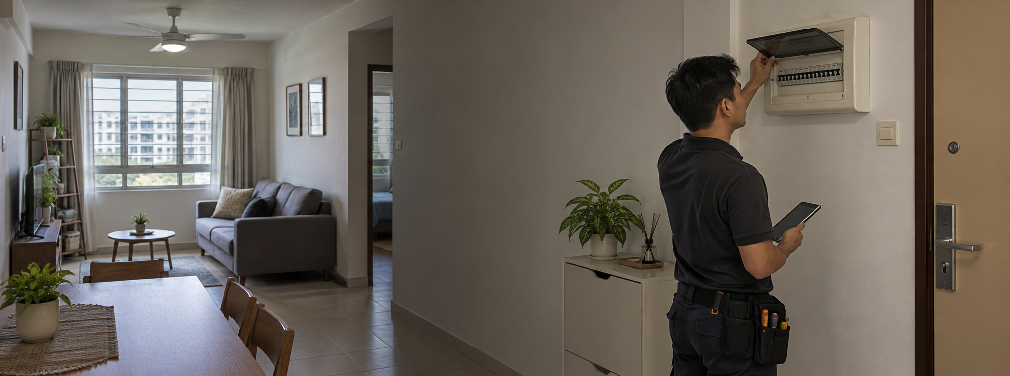 Electrician inspecting a distribution board in a Singapore HDB flat