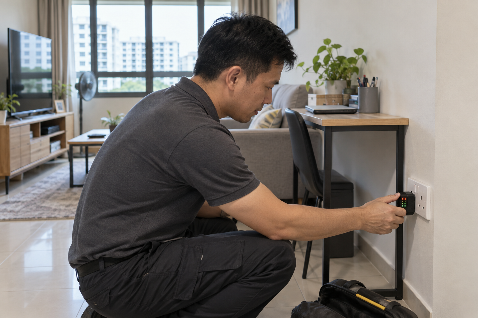 Electrician testing a power point in a Singapore HDB flat
