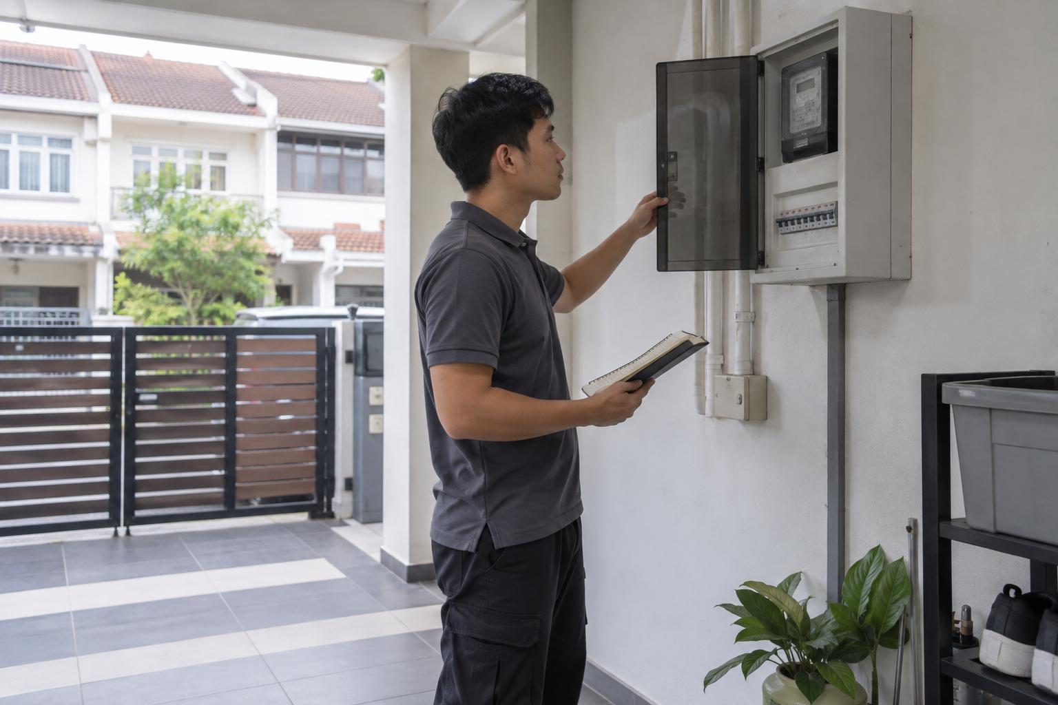 Electrician checking an electrical cabinet at a Singapore terrace house