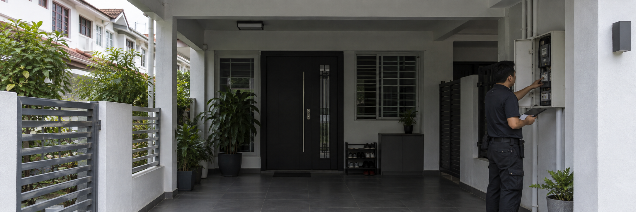 Electrician inspecting an electrical cabinet at a Singapore terrace house