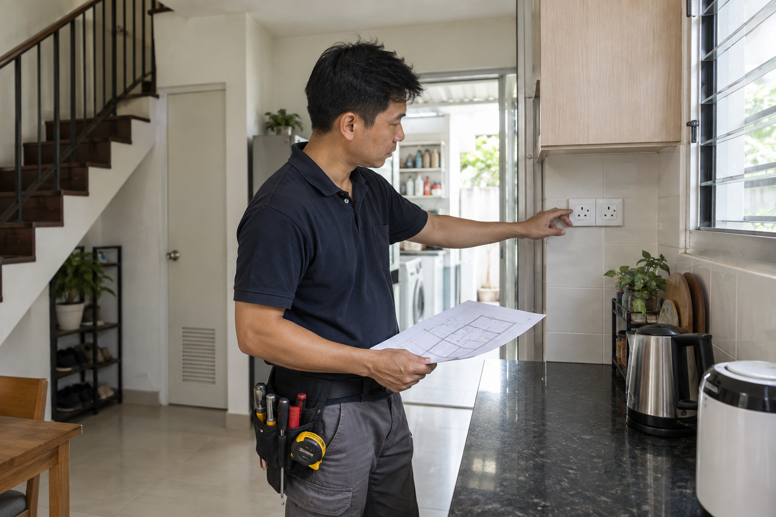 Electrician planning kitchen power points in a Singapore terrace house