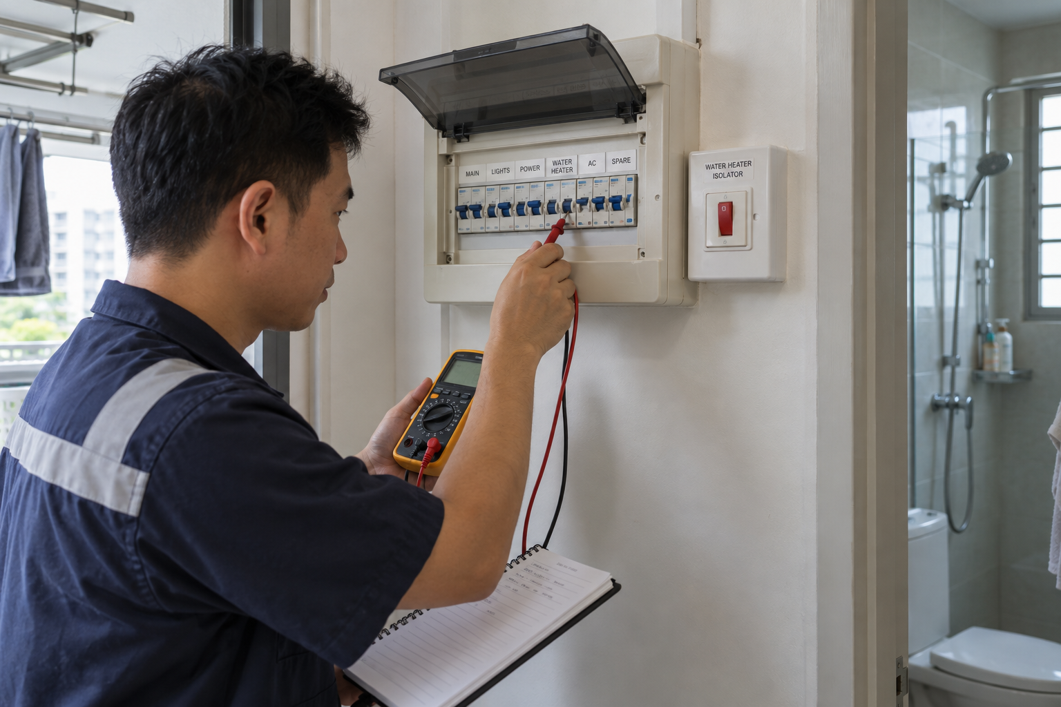 Electrician checking the water-heater circuit at a household distribution board