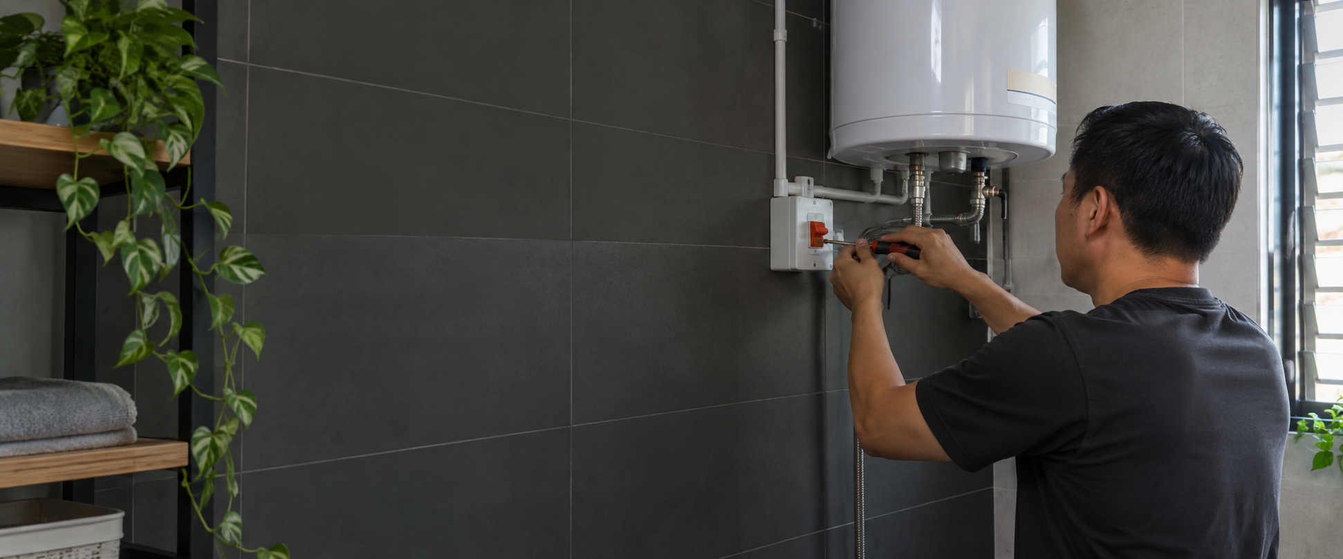 Electrician working on a water-heater electrical point in a Singapore home