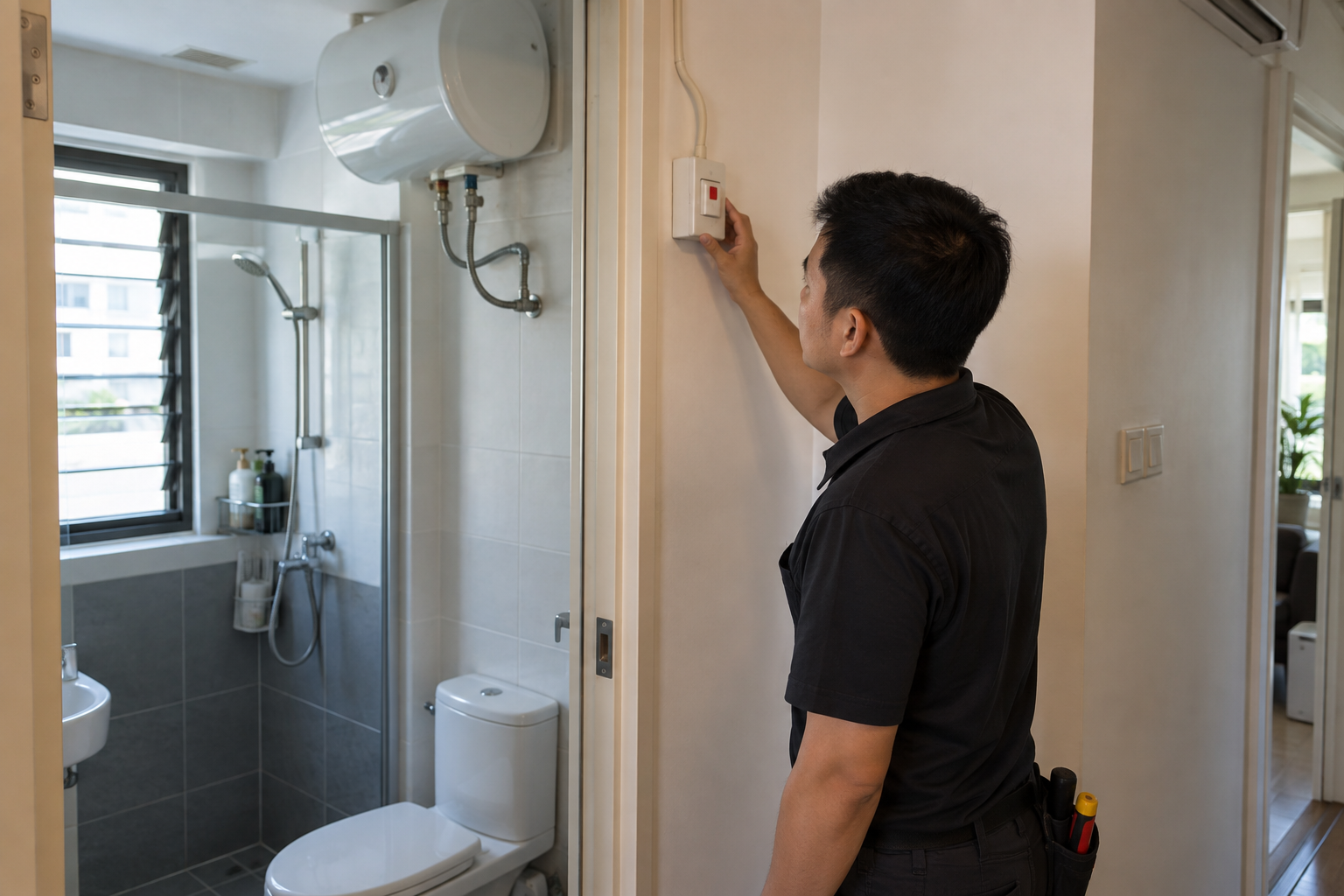 Electrician checking a water-heater isolator beside a bathroom