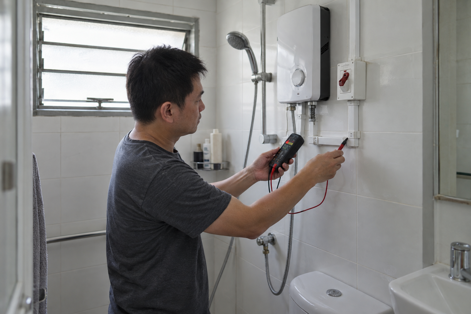 Electrician checking a water-heater electrical point in a Singapore bathroom